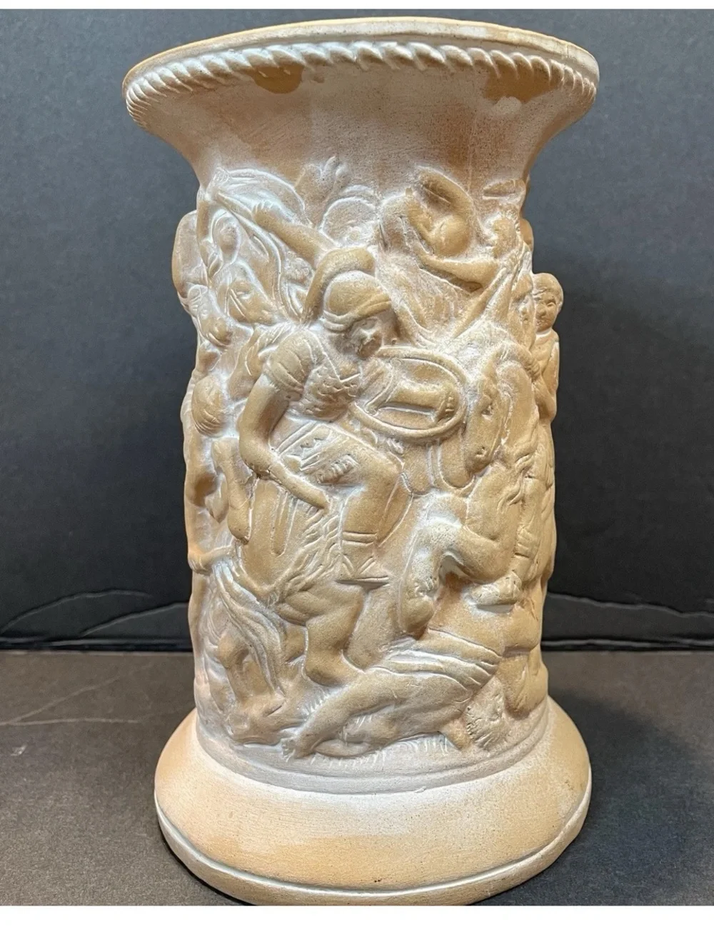 Italian Terracotta Vase Roman Gladiator  Relief Carving White Powder Patina